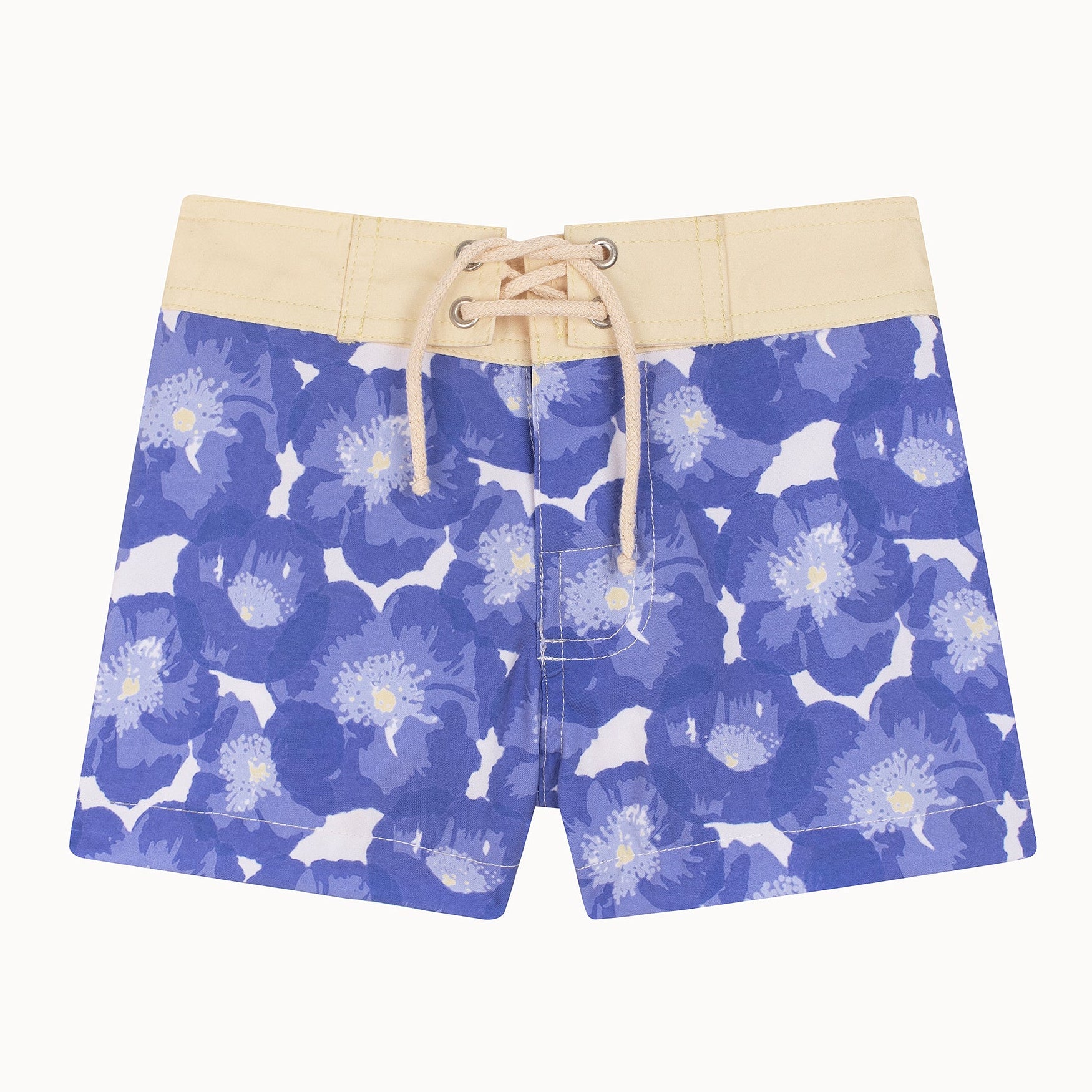 Blue floral-patterned shorts with a beige waistband on a white background