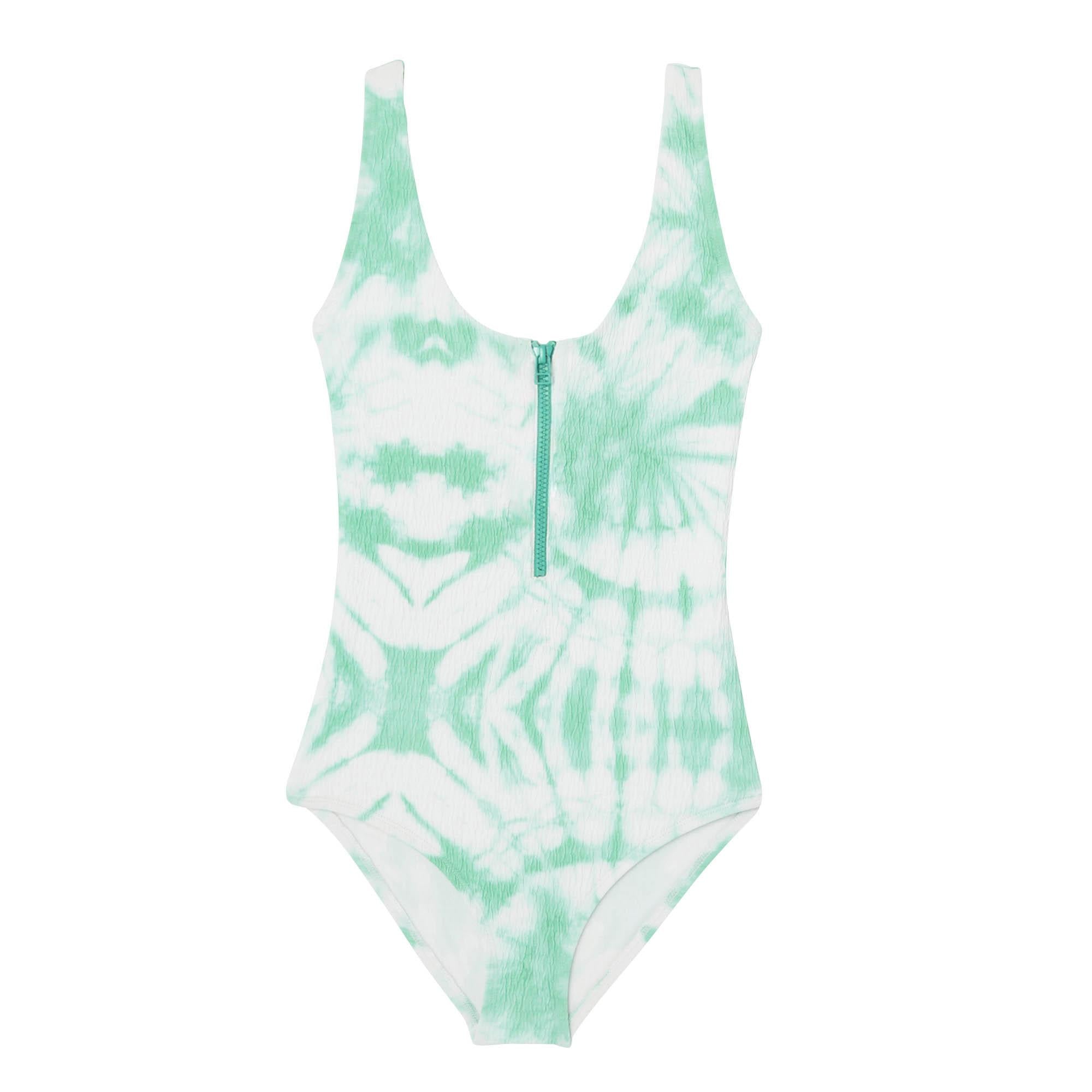 Green and white tie-dye swimsuit with a zipper on a white background