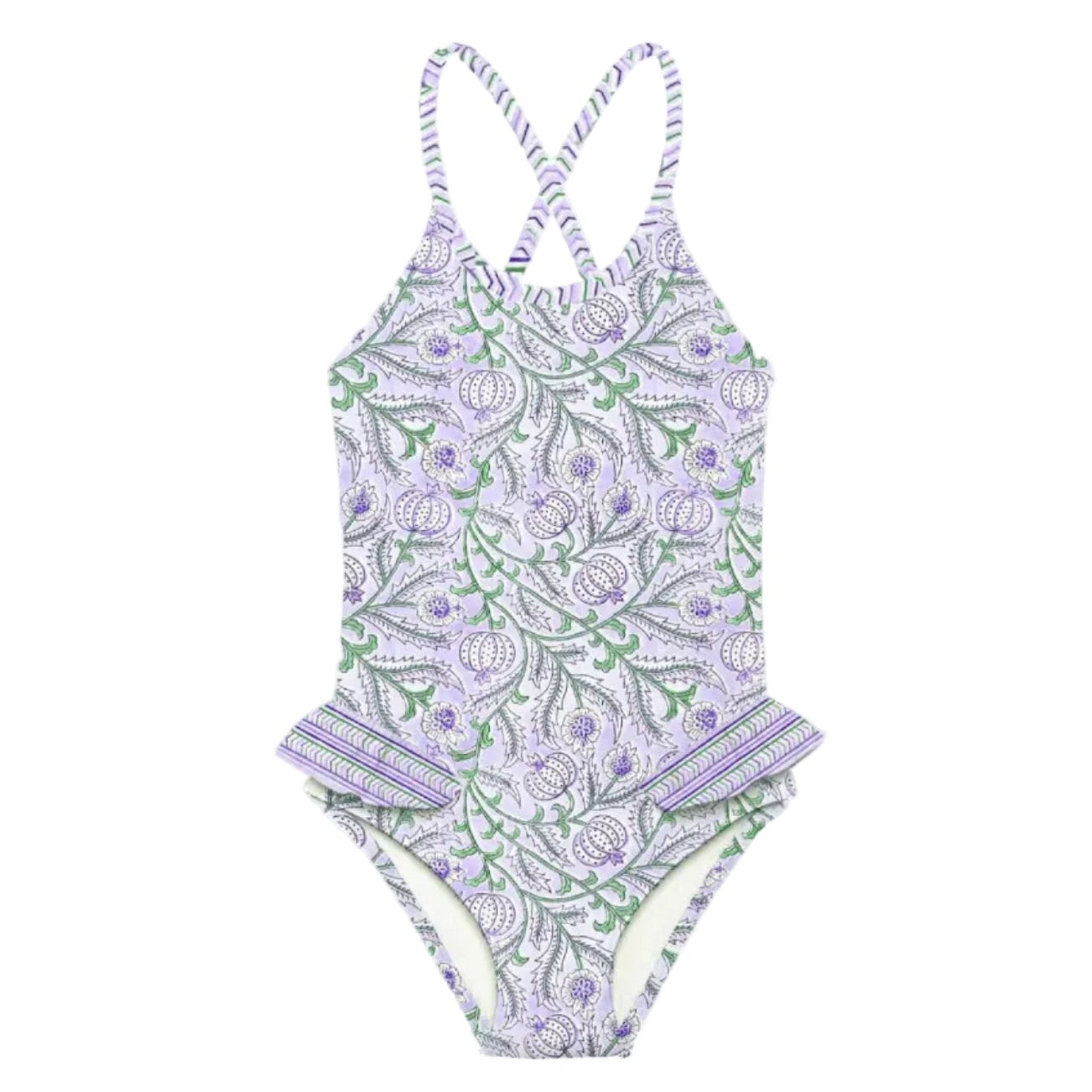 One-piece swimsuit with paisley pattern on a white background