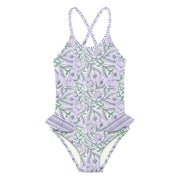 One-piece swimsuit with paisley pattern on a white background