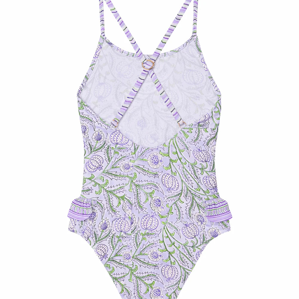One-piece swimsuit with floral pattern on a white background