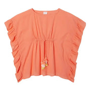 Coral-colored blouse with ruffled sleeves on a white background