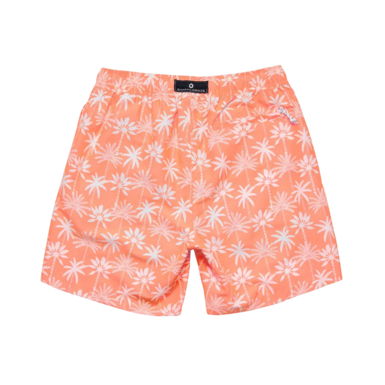 Peach-colored swim shorts with white floral pattern on a white background