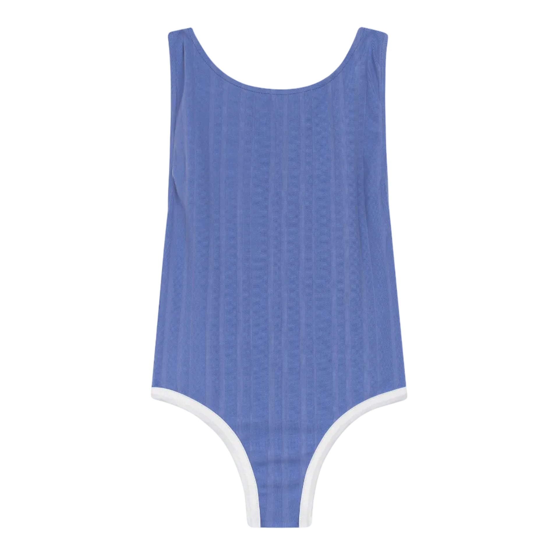 Blue swimsuit with white trim on a white background