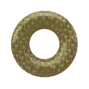 Green inflatable ring with palm tree pattern on a white background