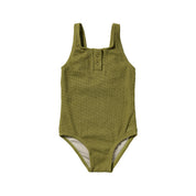 Green ribbed baby romper with button details on a white background