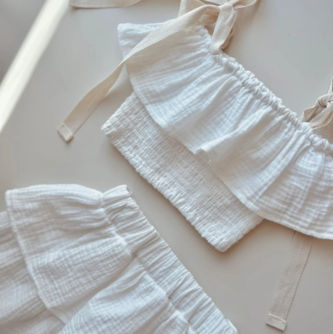 Muslin Cropped Ruffle Top & Mid Length Skirt Set