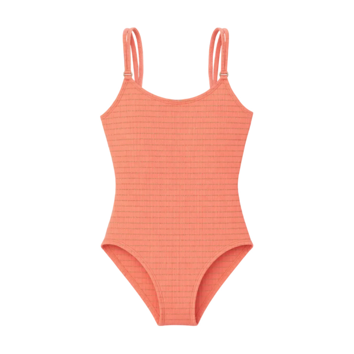 Coral one-piece swimsuit with thin straps on a white background