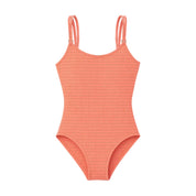 Coral one-piece swimsuit with thin straps on a white background