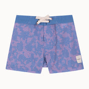 Blue and pink patterned shorts on a white background