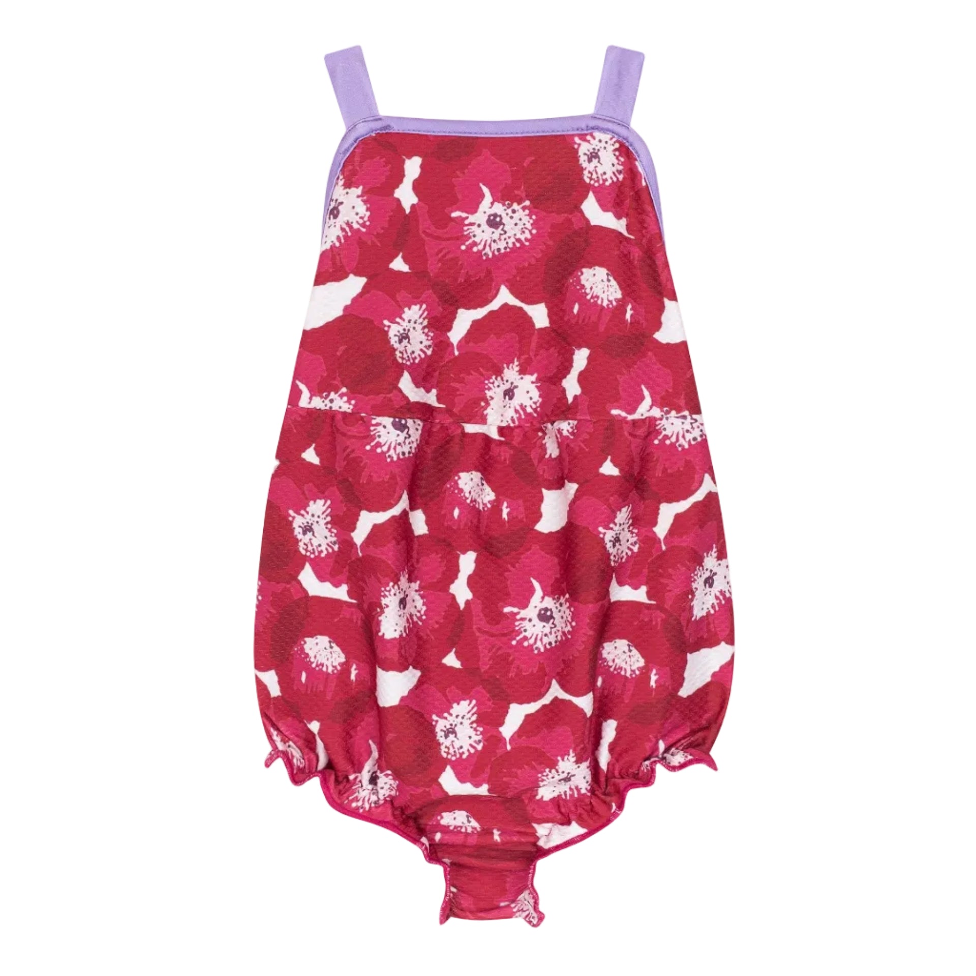 Red floral romper with white flowers on a white background
