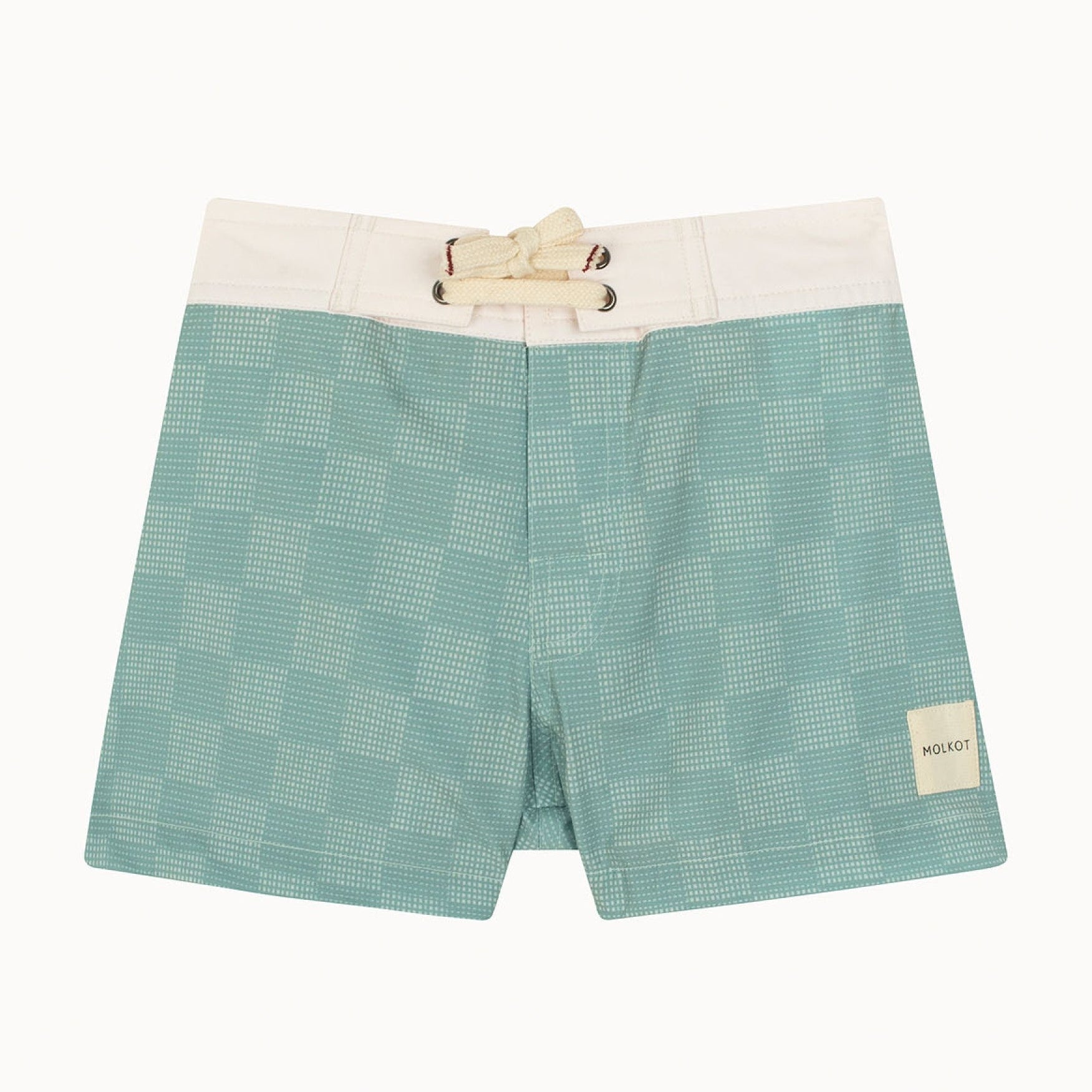 Green checkered shorts with white accents on a white background