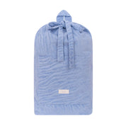Blue hooded towel with a brand label on a white background