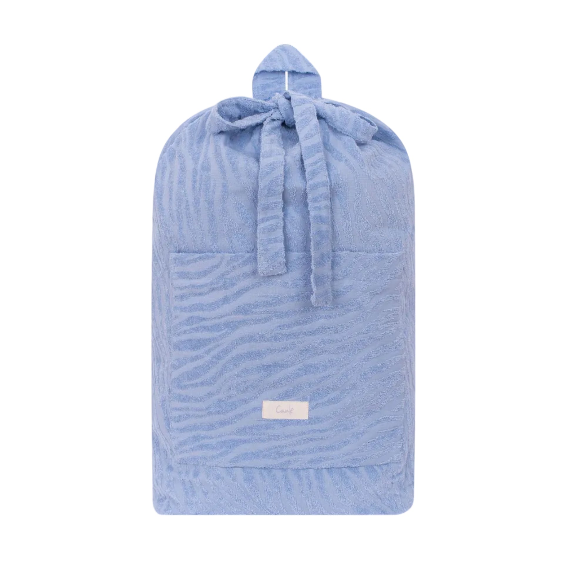 Blue hooded towel with a brand label on a white background