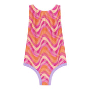Colorful one-piece swimsuit with wave pattern on a white background