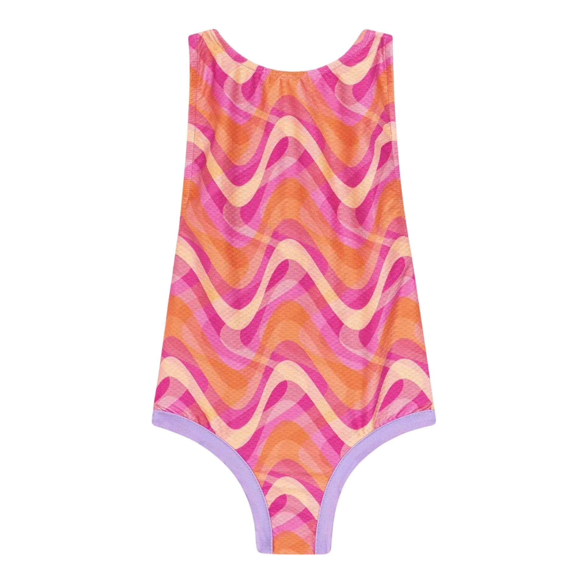 Colorful one-piece swimsuit with wave pattern on a white background