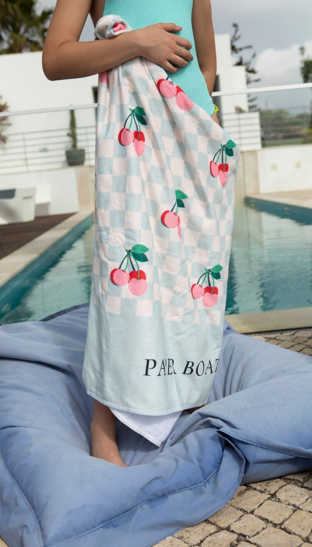 Beach Towel – Cherries Squares (Velvet/Terry)