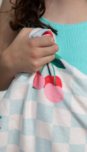 Beach Towel – Cherries Squares (Velvet/Terry)