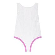 White swimsuit with pink trim on a white background
