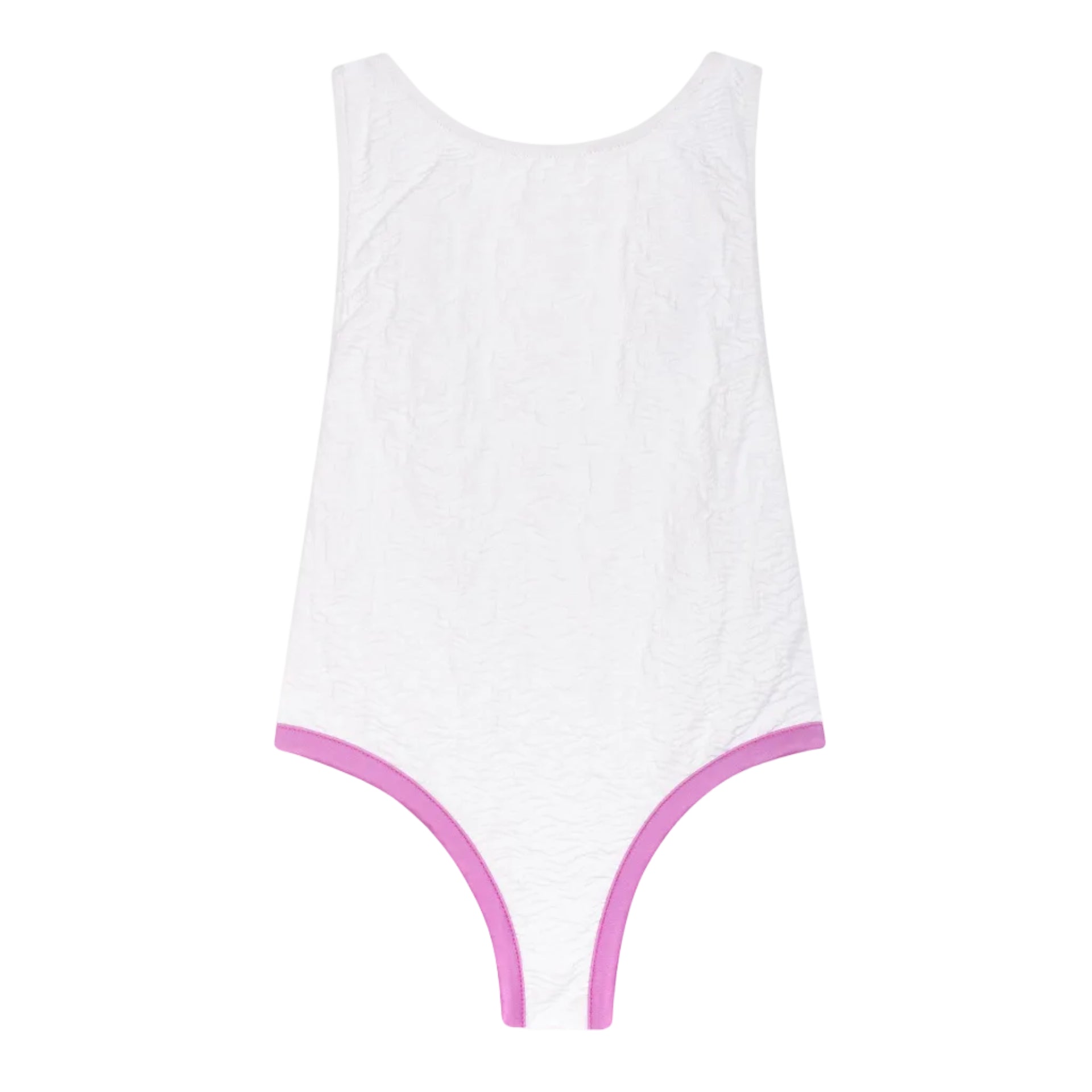 White swimsuit with pink trim on a white background