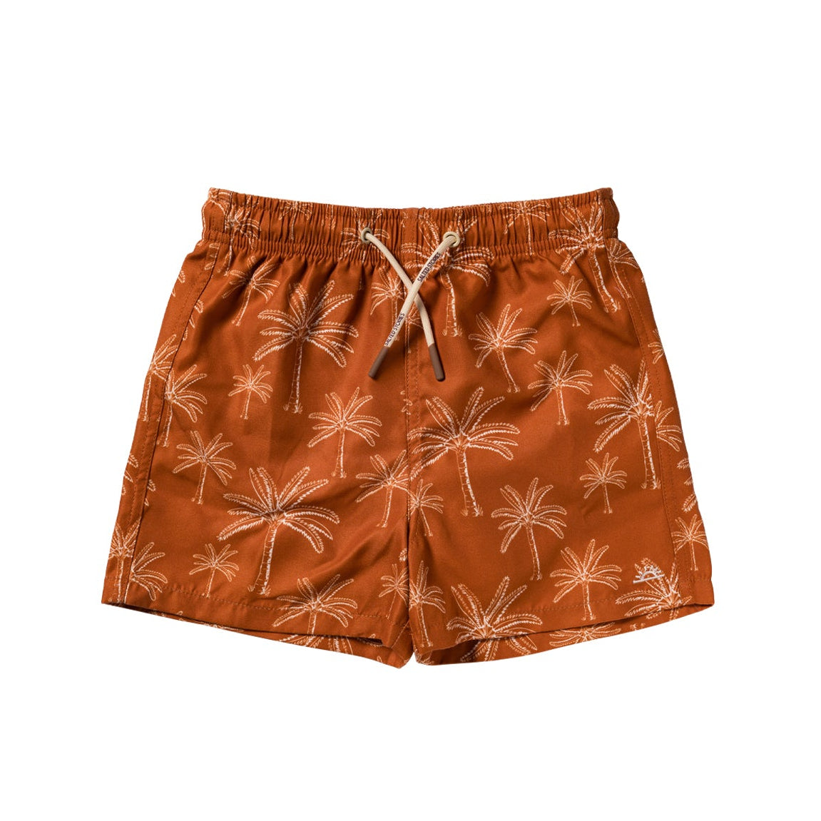 Brown shorts with palm tree pattern on a white background