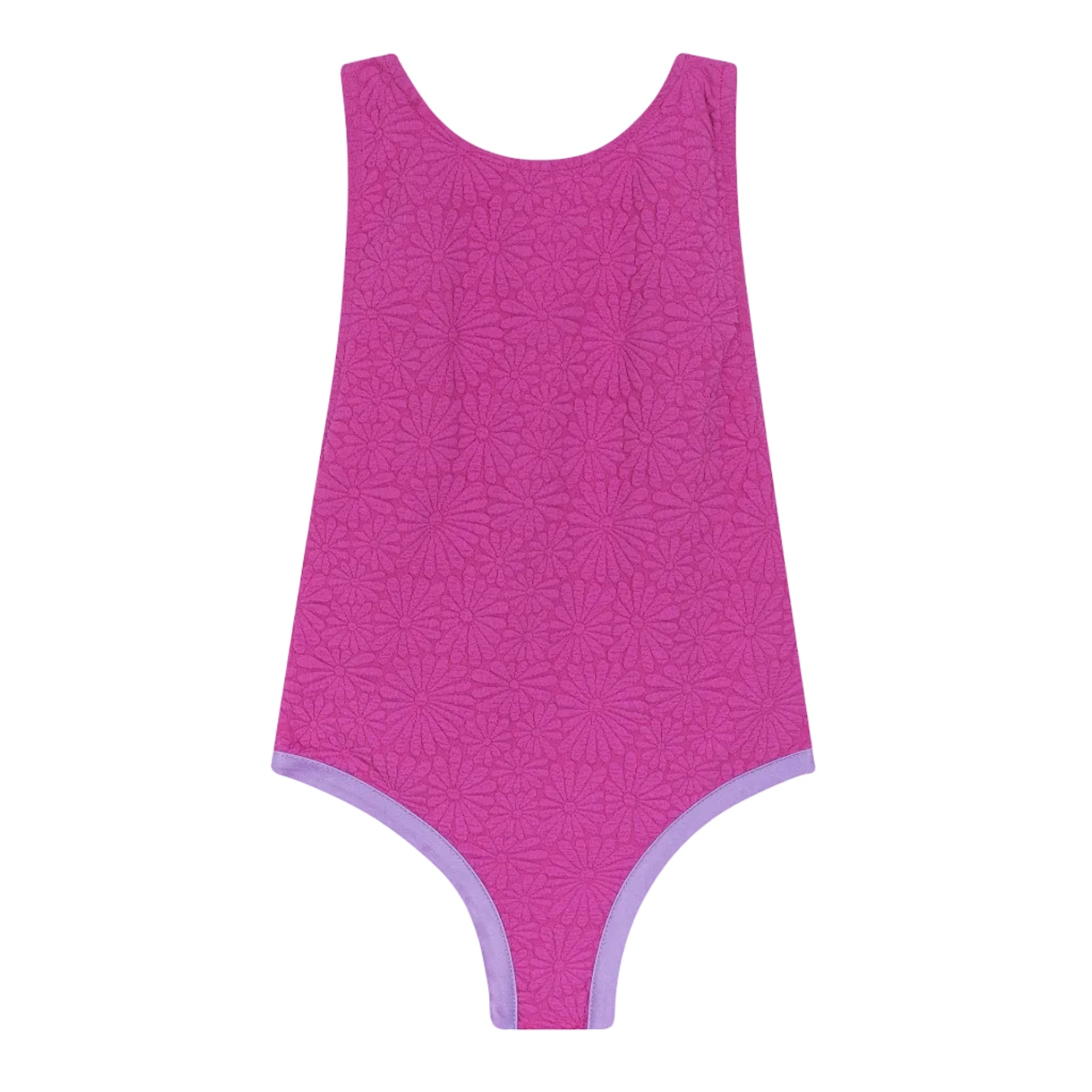 Pink swimsuit with a subtle pattern on a white background