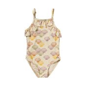 One-piece swimsuit with shell pattern on a white background