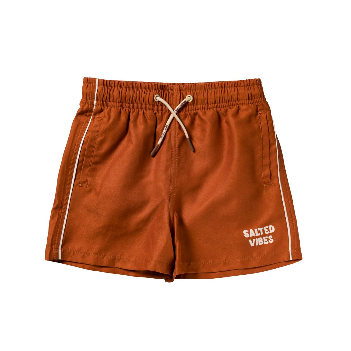 Brown shorts with a drawstring and 'Salted Vibes' text on a white background