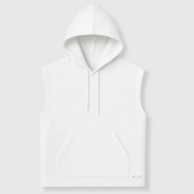 A white hooded sweatshirt with long sleeves, a kangaroo pocket, and made of organic cotton.