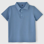 A misty blue polo shirt for kids with short sleeves, collar, and buttons.