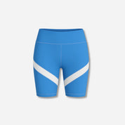 A pair of azure blue active shorts with white stripes on the sides, designed for kids.