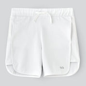 A pair of white shorts with a drawstring waist and a small logo on the left leg.