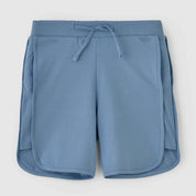 A pair of misty blue shorts with a drawstring waist and a small logo on the left leg.
