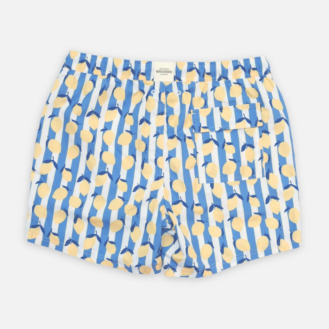Blue swim shorts with yellow abstract pattern on a white background