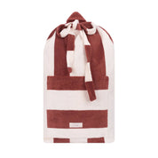 Red and white striped towel with a hood on a white background