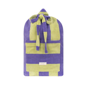 Purple and green striped towel on a white background