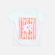White t-shirt with colorful graphic design on a white background