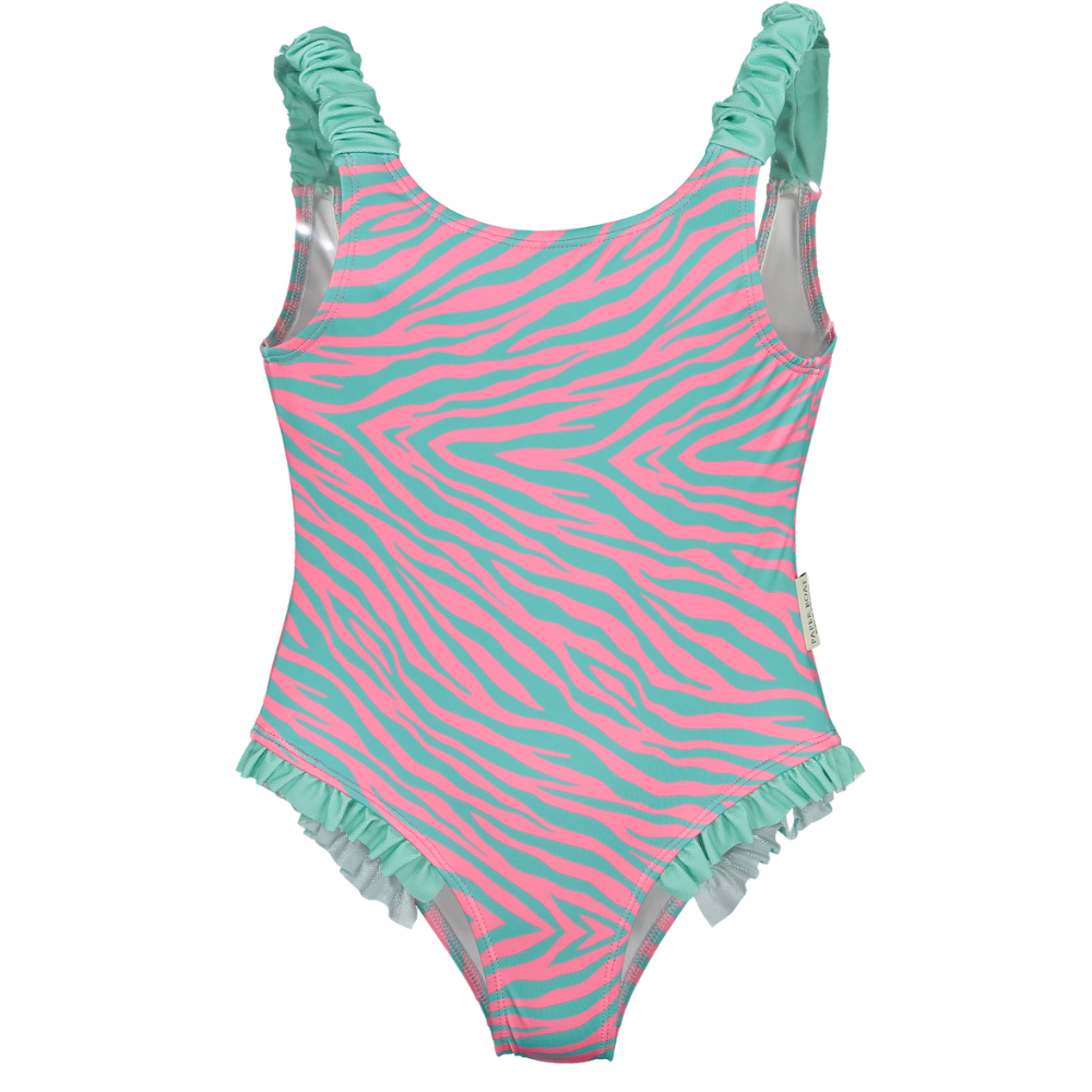 Pink and green zebra-striped swimsuit with ruffled details on a white background