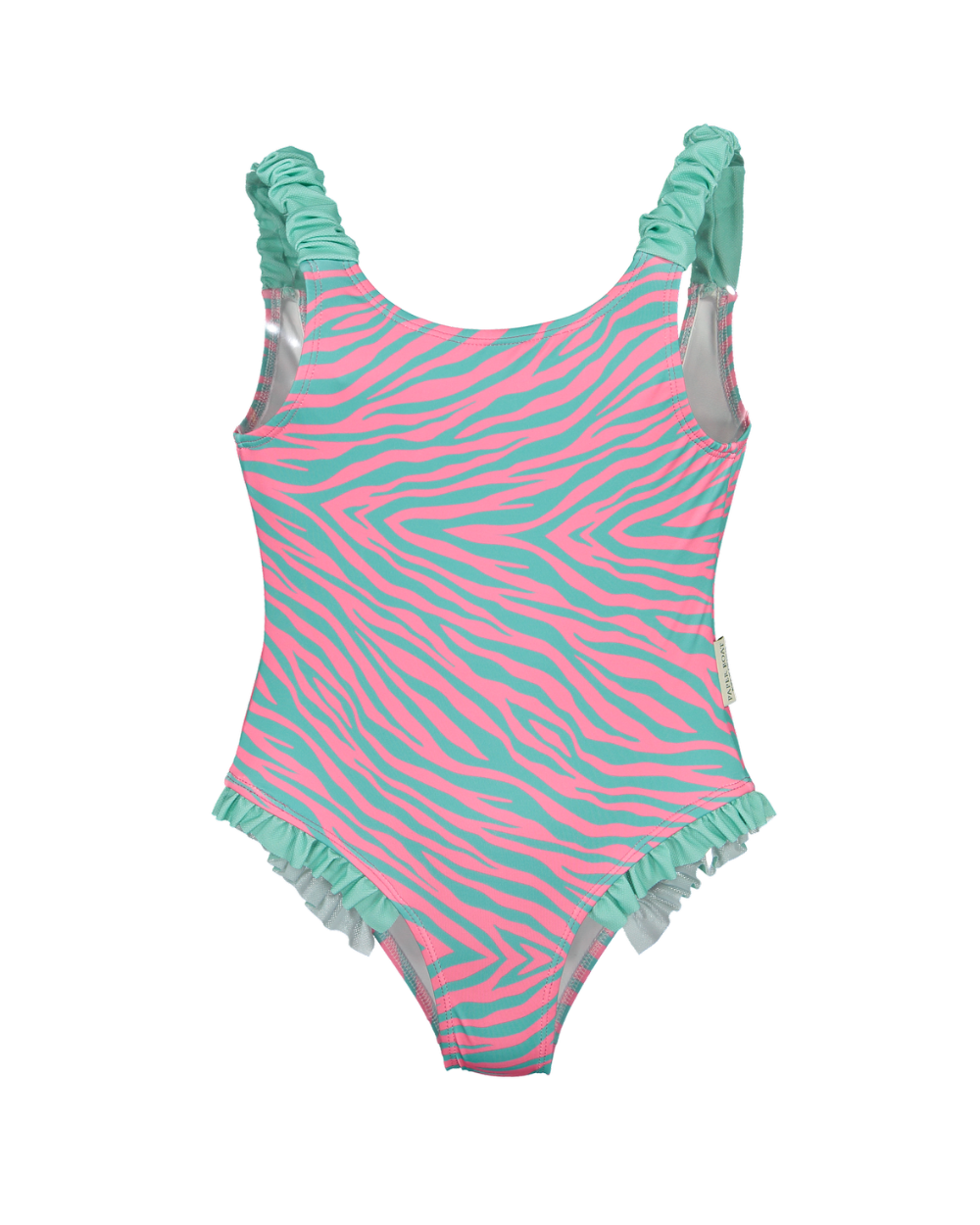 Pink and green zebra-striped swimsuit with ruffled details on a white background