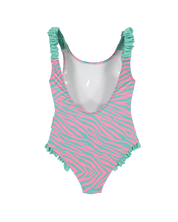 One-piece swimsuit with pink and green zebra pattern on a white background