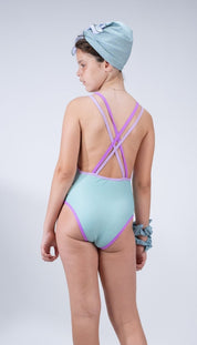 One-Piece Swimsuit – Water Stripes/Magenta & Lilac