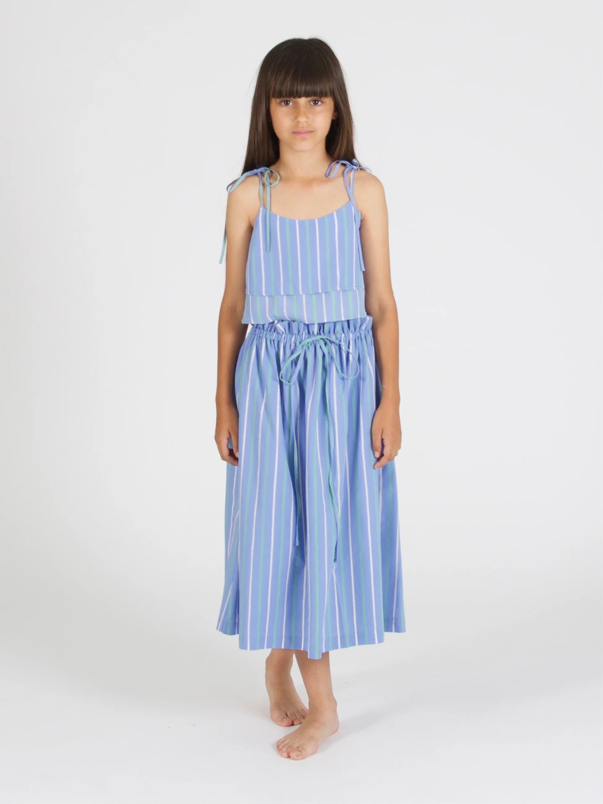 Tied Double Peplum Blouse & Striped Flared Midi Skirt Set