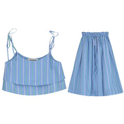 Tied Double Peplum Blouse & Striped Flared Midi Skirt Set