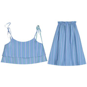Tied Double Peplum Blouse & Striped Flared Midi Skirt Set