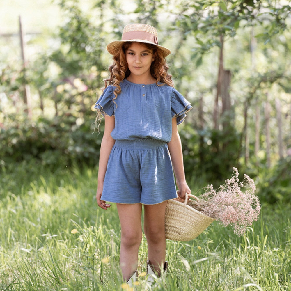 Butterfly Top & Girls Muslin Shorts Set – Indigo